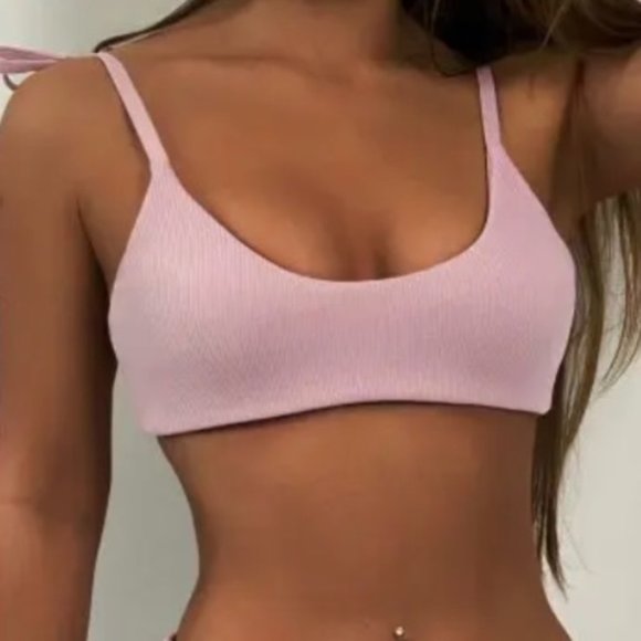 ZAFUL Light Pink Tie Shoulders Ribbed Bikini - Picture 1 of 7